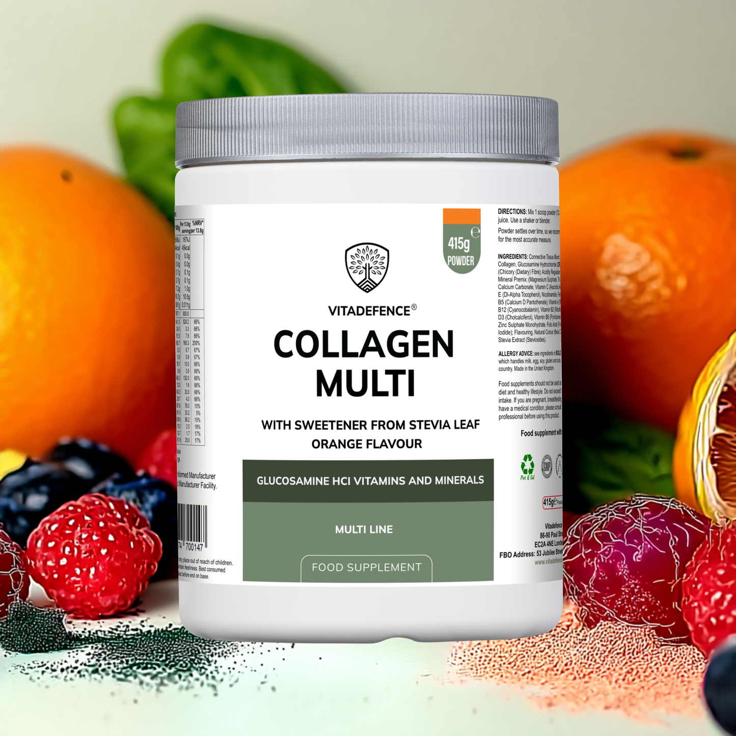 Vitadefence® Collagen Multi | Orange Flavour Powder with Glucosamine, Vitamins & Minerals – 415 g
