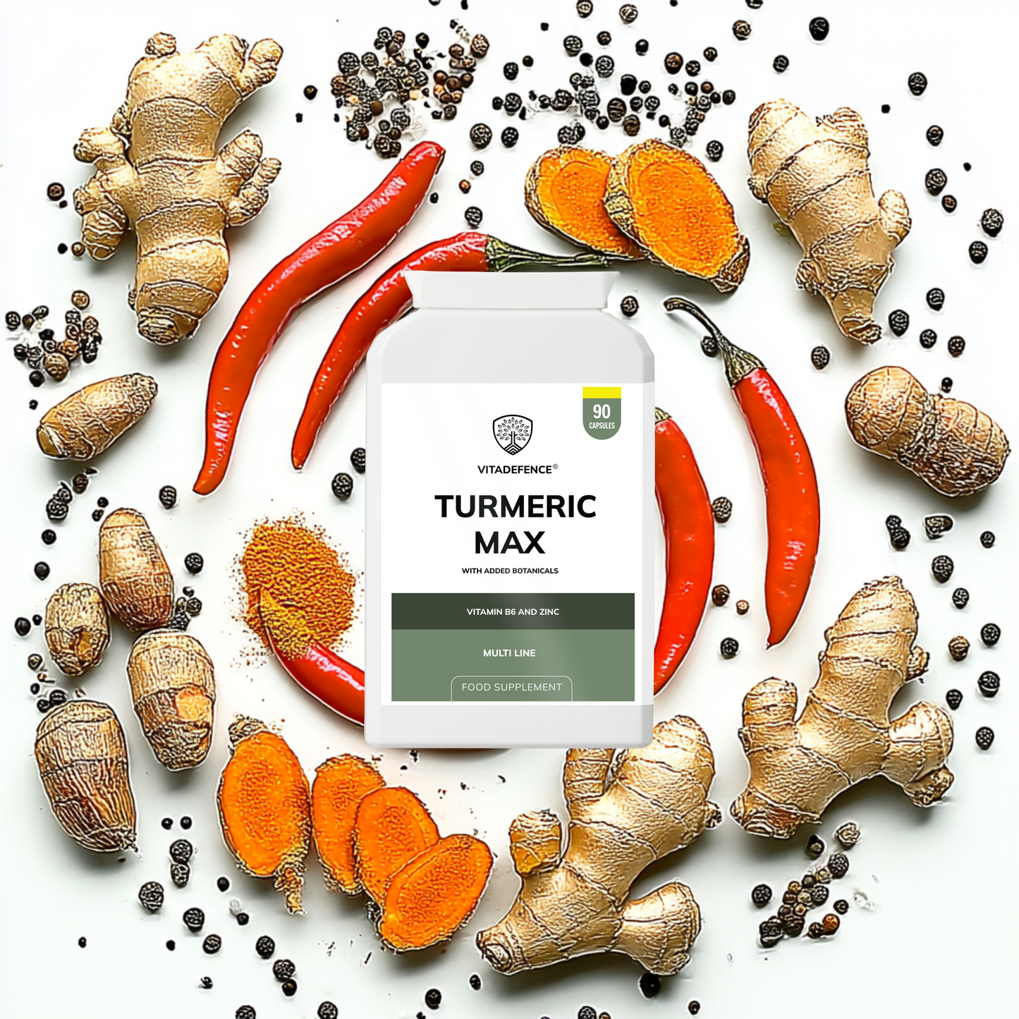 Vitadefence® Turmeric Max | With Vitamin B6, Zinc & Botanicals – 90 Capsules