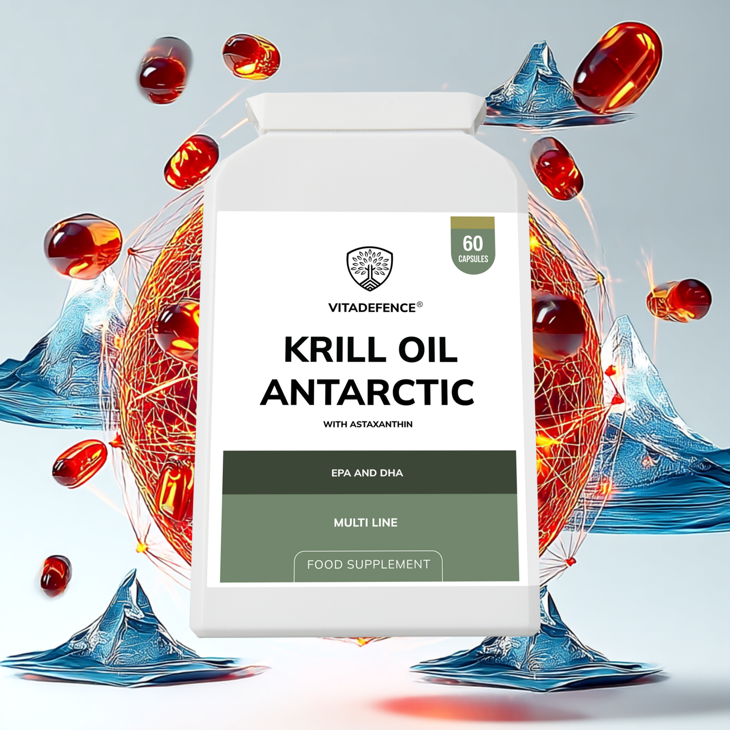Vitadefence® Krill Oil Antarctic | 500 mg with EPA, DHA & Astaxanthin – 60 Softgels