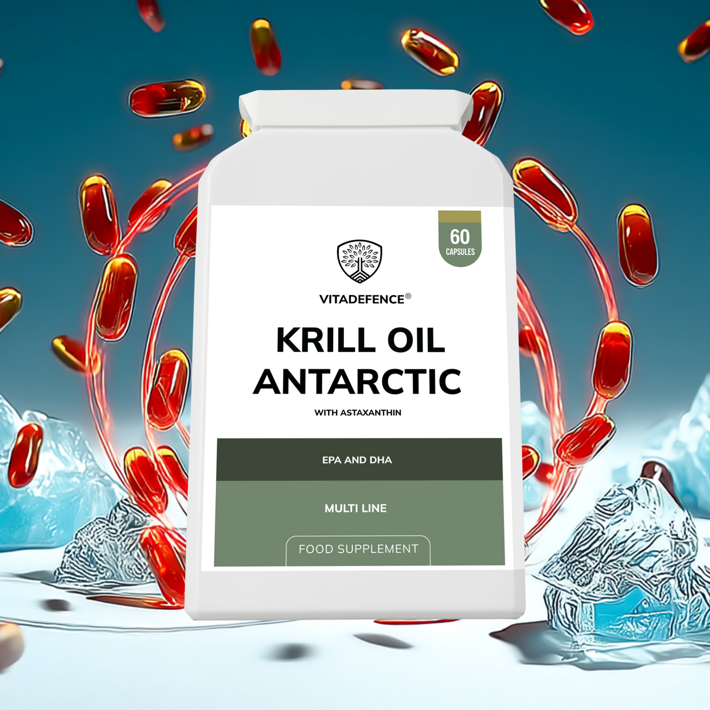 Vitadefence® Krill Oil Antarctic | 500 mg with EPA, DHA & Astaxanthin – 60 Softgels