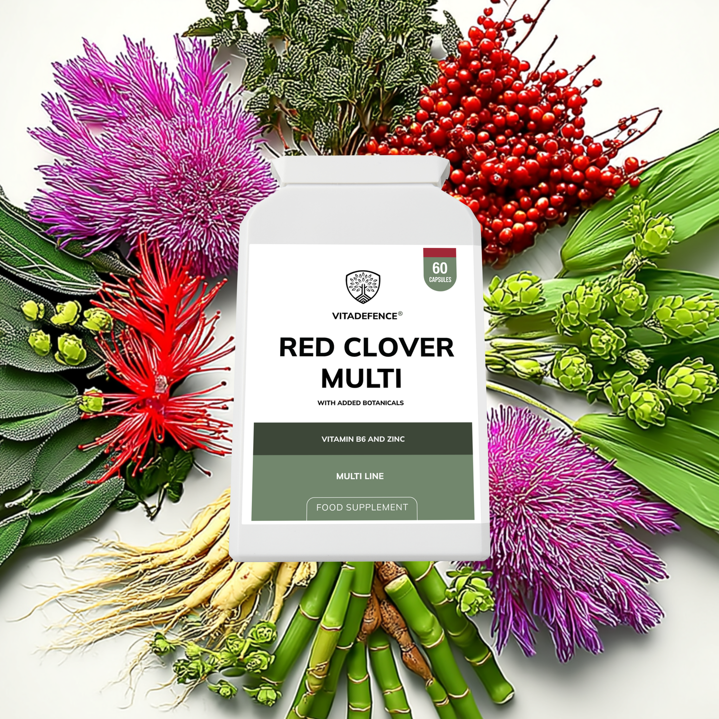 Vitadefence® Red Clover Multi | With Vitamin B6, Zinc, Sage & Siberian Ginseng – 60 Capsules