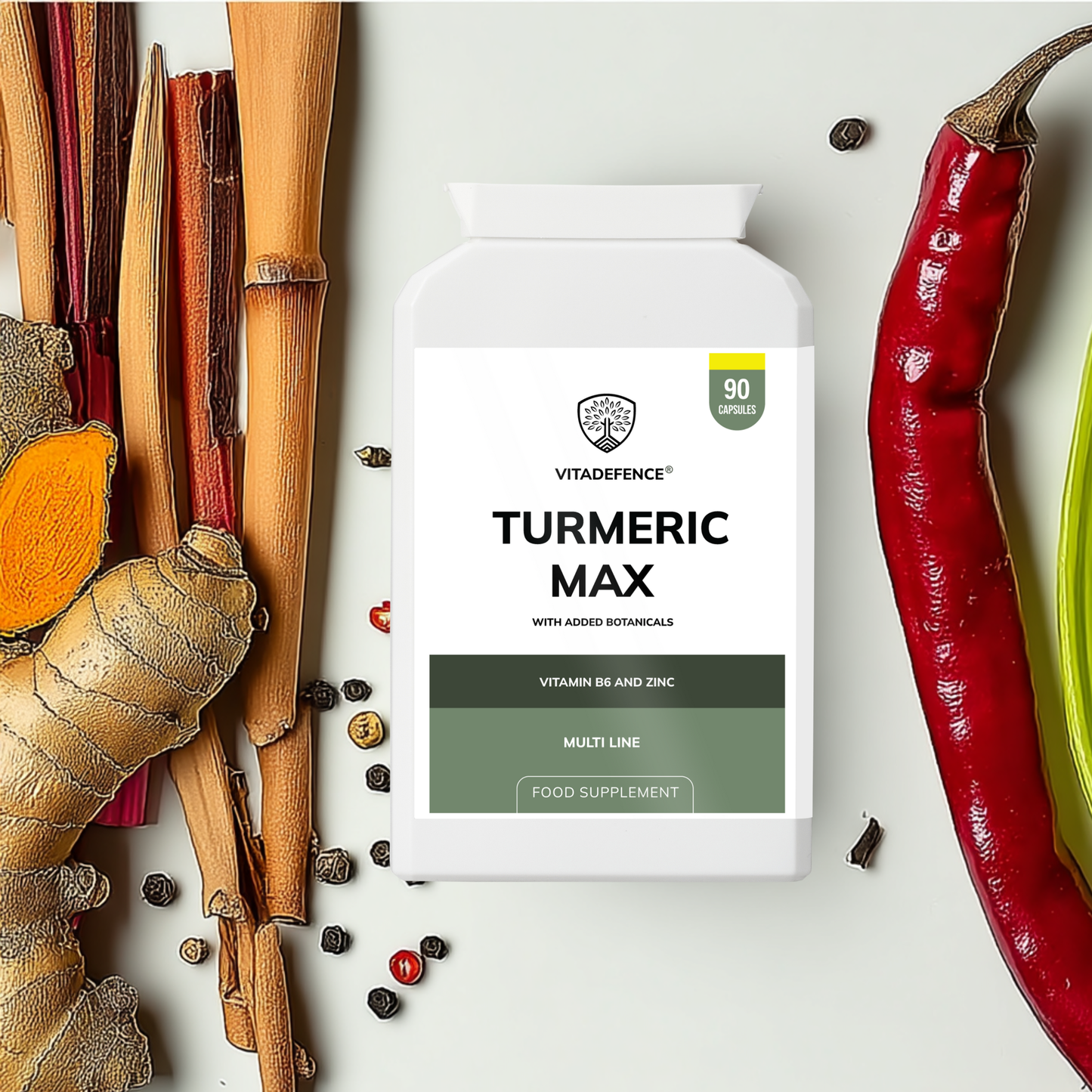 Vitadefence® Turmeric Max | With Vitamin B6, Zinc & Botanicals – 90 Capsules