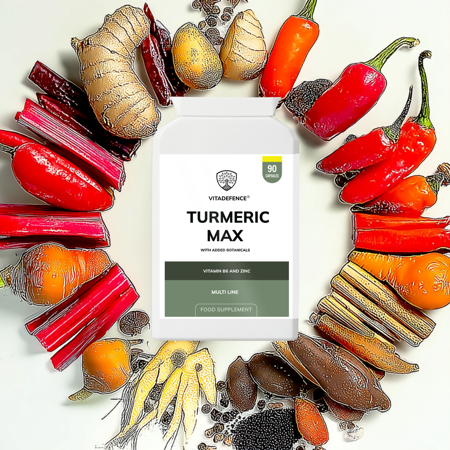 Vitadefence® Turmeric Max | With Vitamin B6, Zinc & Botanicals – 90 Capsules