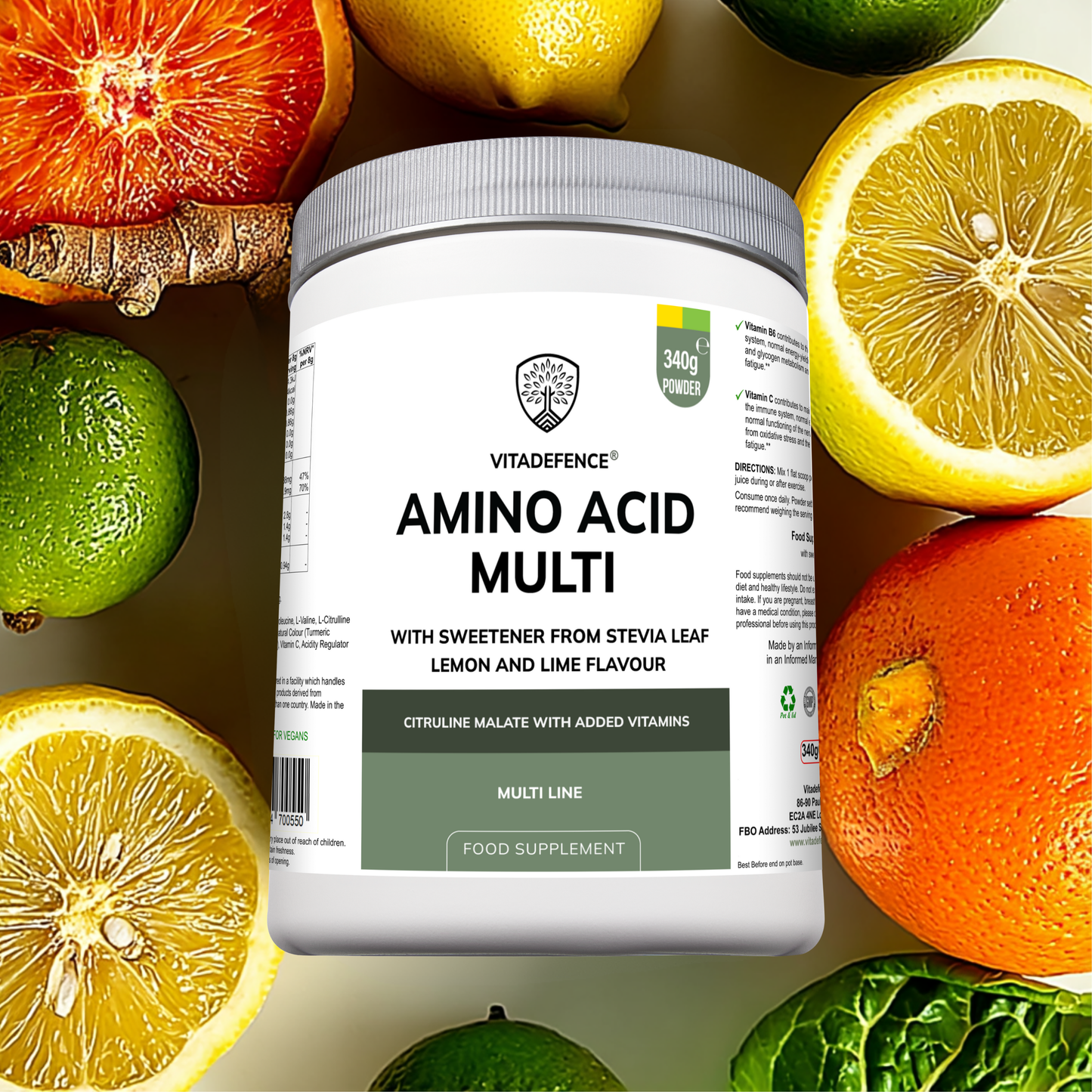 Vitadefence® Amino Acid Multi | Lemon & Lime Flavour with Citrulline Malate, BCAAs & Vitamins – 300 g