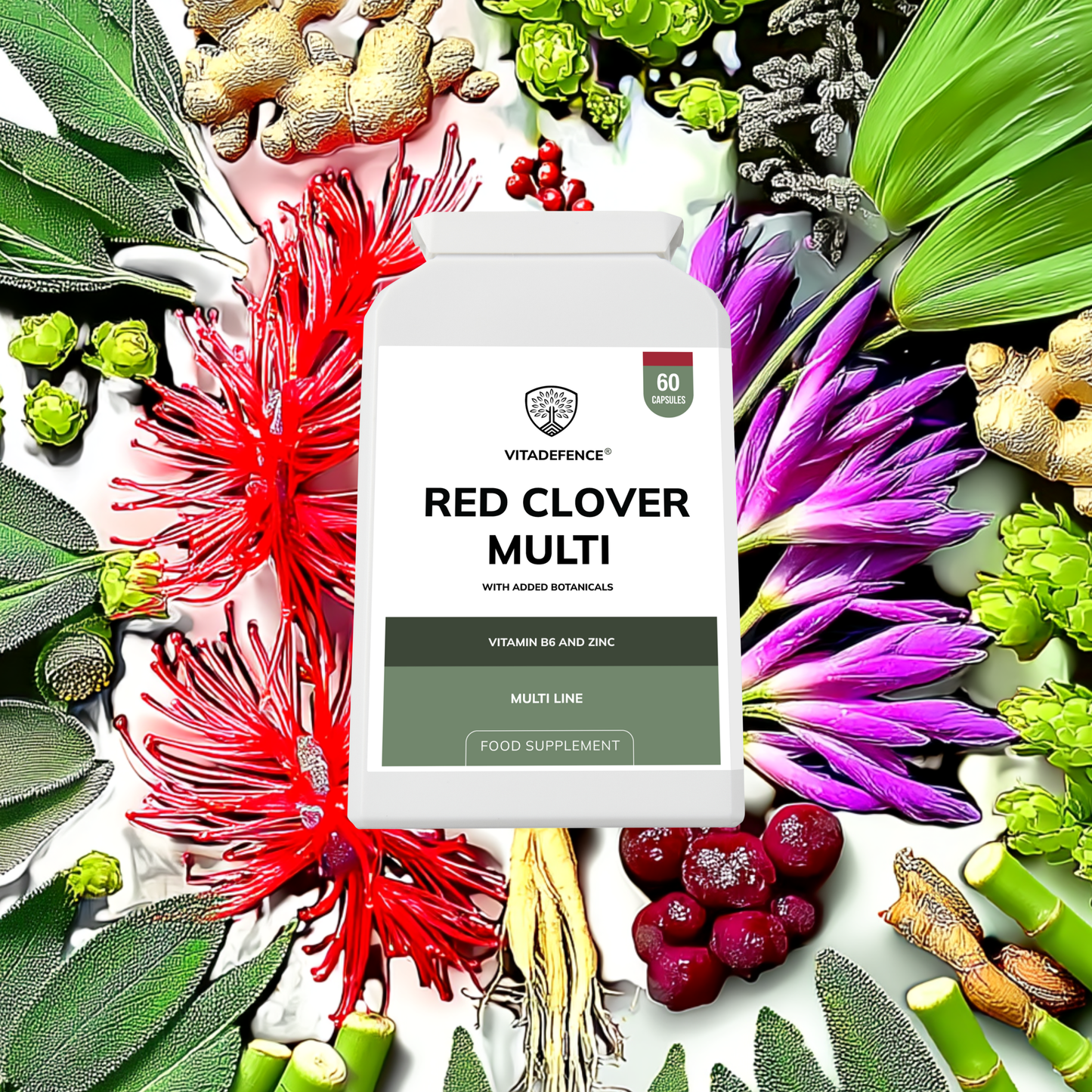 Vitadefence® Red Clover Multi | With Vitamin B6, Zinc, Sage & Siberian Ginseng – 60 Capsules