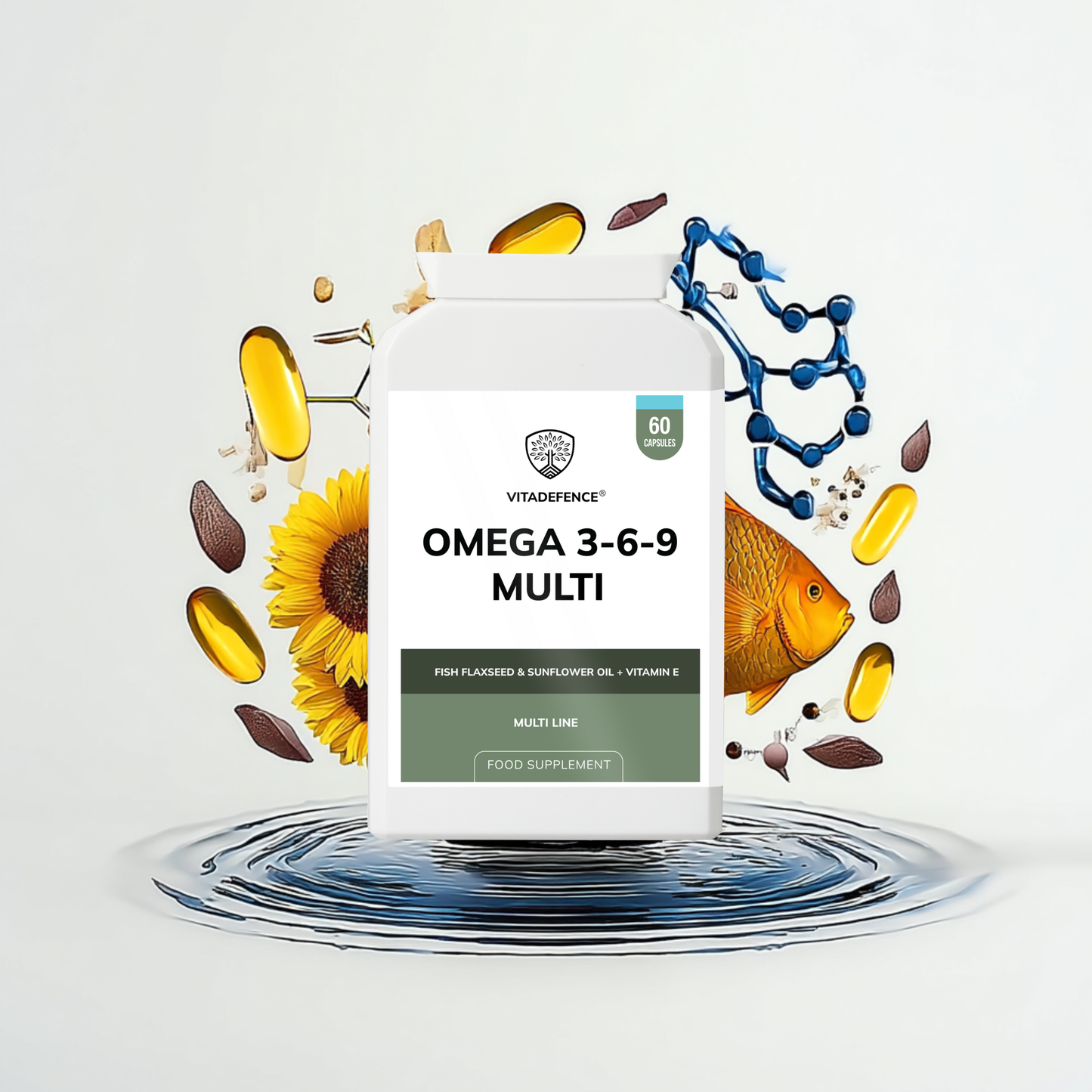 Vitadefence® Omega 3-6-9 Multi | With Fish Oil, Flaxseed, Sunflower Oil & Vitamin E – 60 Gelatin Capsules