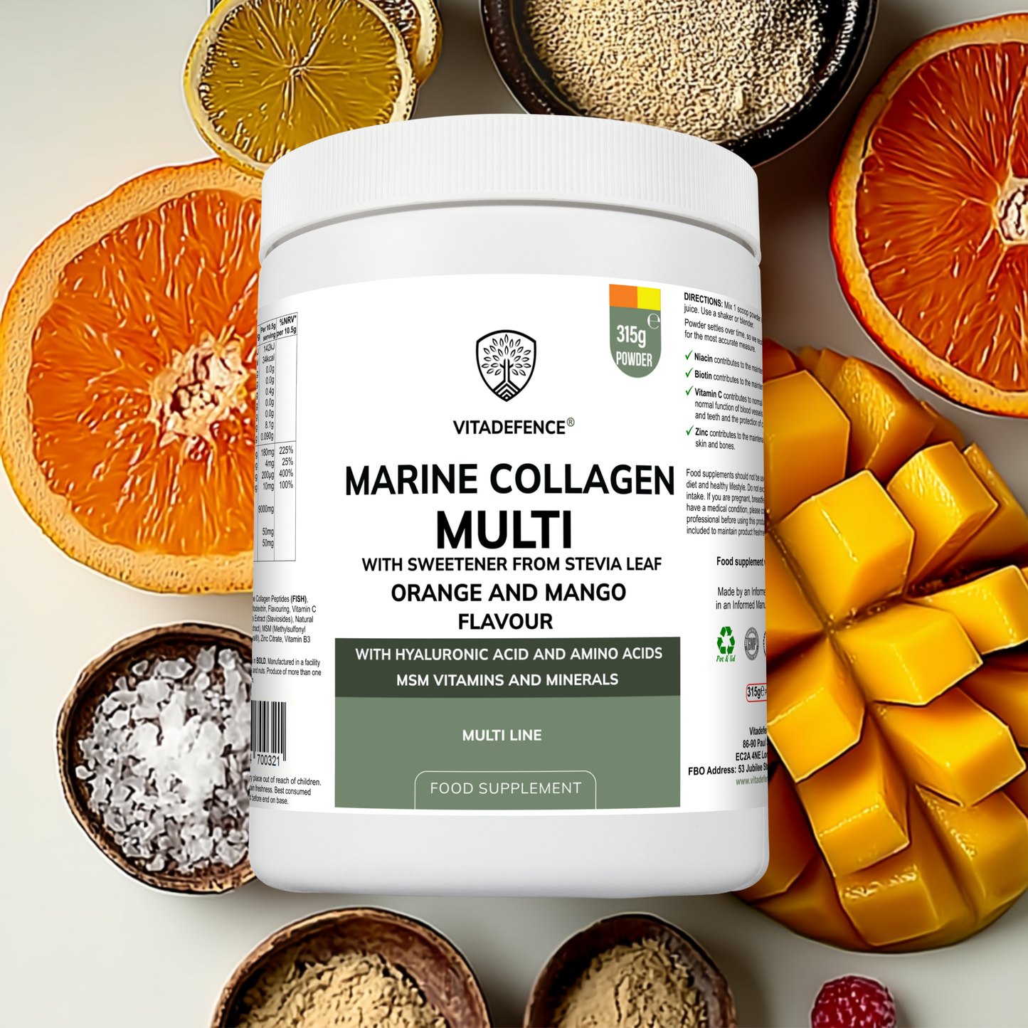Vitadefence® Marine Collagen Multi | Orange & Mango Flavour Powder with Hyaluronic Acid, MSM, Vitamins & Minerals – 315 g