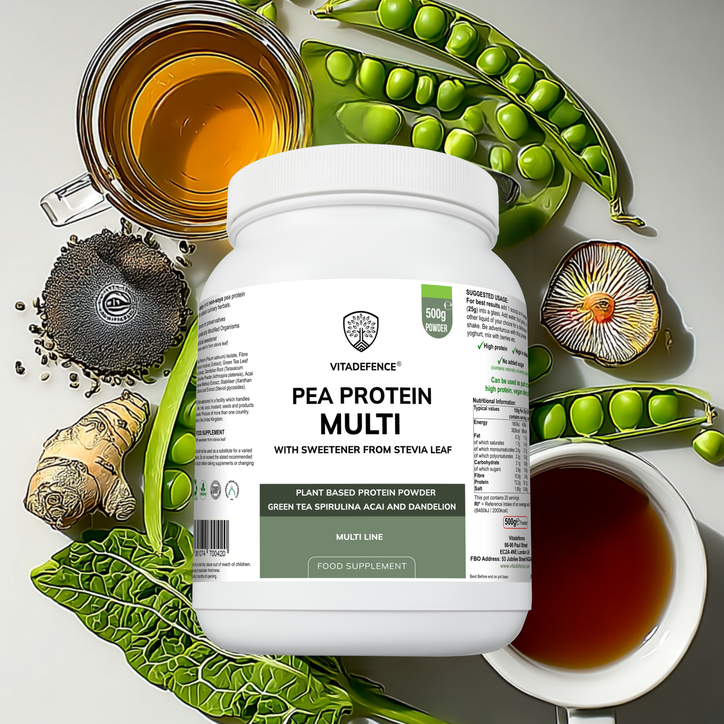Vitadefence® Pea Protein Multi | Plant-Based Protein Powder with Green Tea, Spirulina, Açai & Dandelion – 500 g