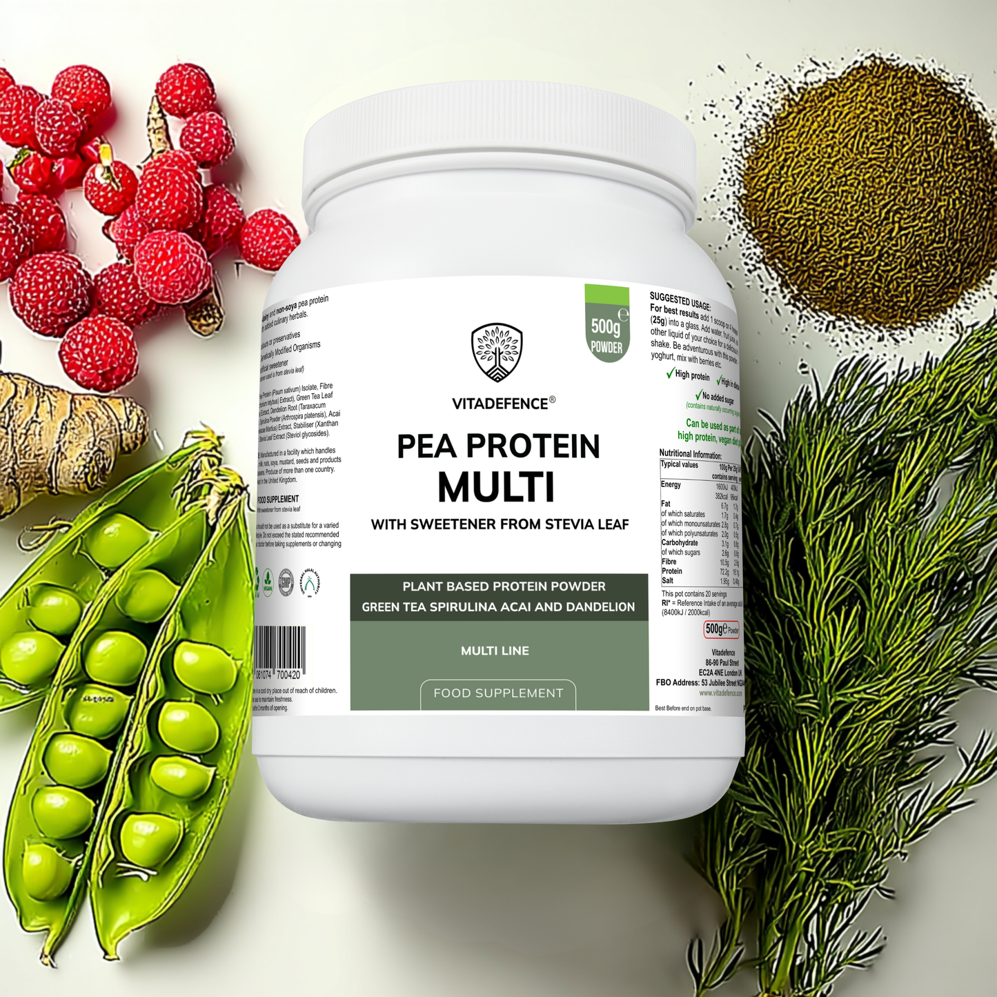 Vitadefence® Pea Protein Multi | Plant-Based Protein Powder with Green Tea, Spirulina, Açai & Dandelion – 500 g