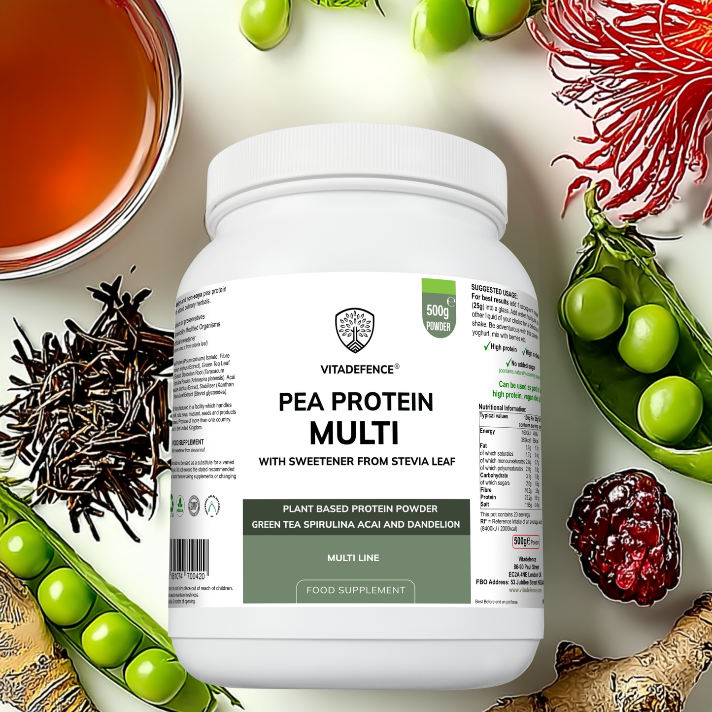 Vitadefence® Pea Protein Multi | Plant-Based Protein Powder with Green Tea, Spirulina, Açai & Dandelion – 500 g