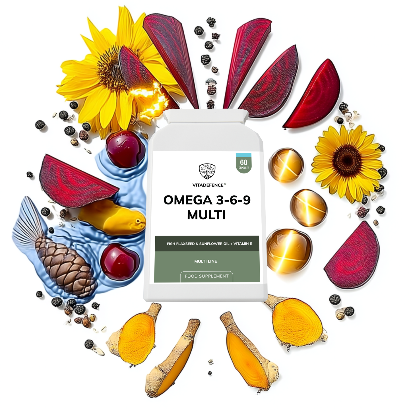 Vitadefence® Omega 3-6-9 Multi | With Fish Oil, Flaxseed, Sunflower Oil & Vitamin E – 60 Gelatin Capsules