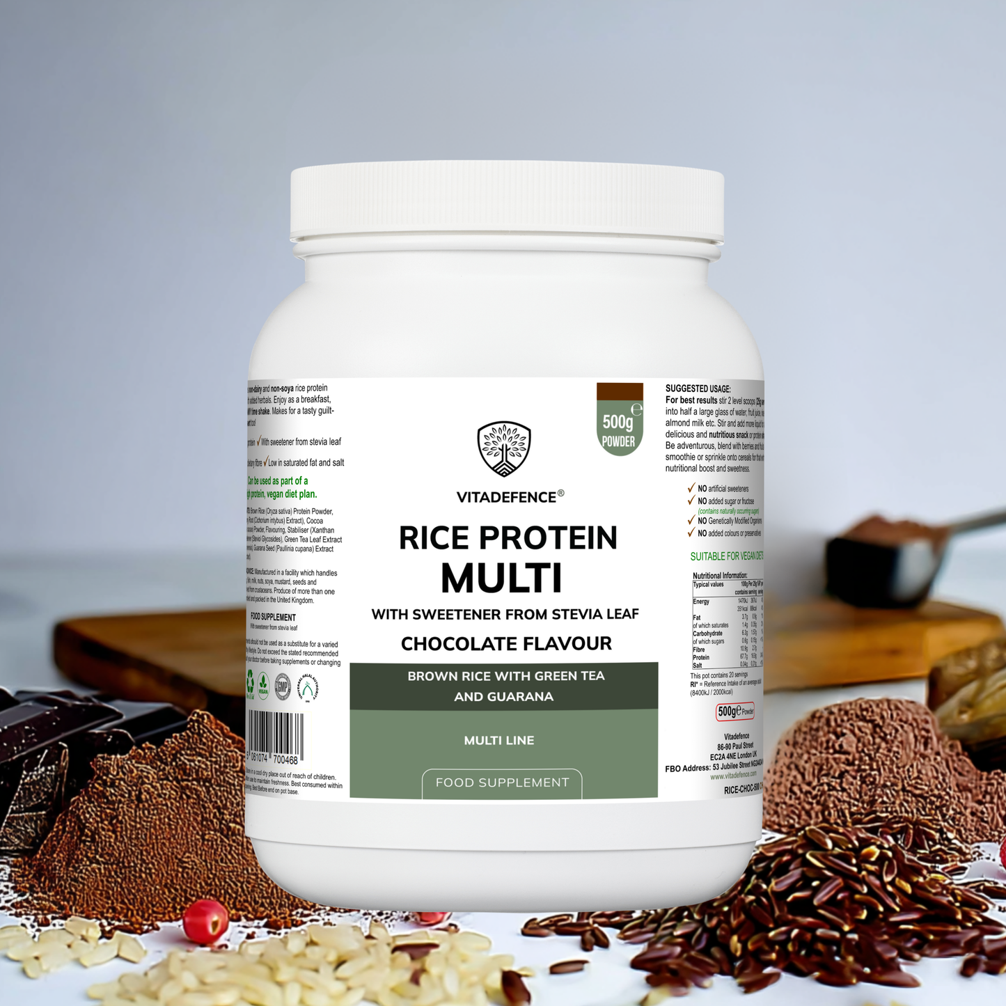 Vitadefence® Rice Protein Multi | Chocolate Flavour Powder with Green Tea & Guarana – 500 g