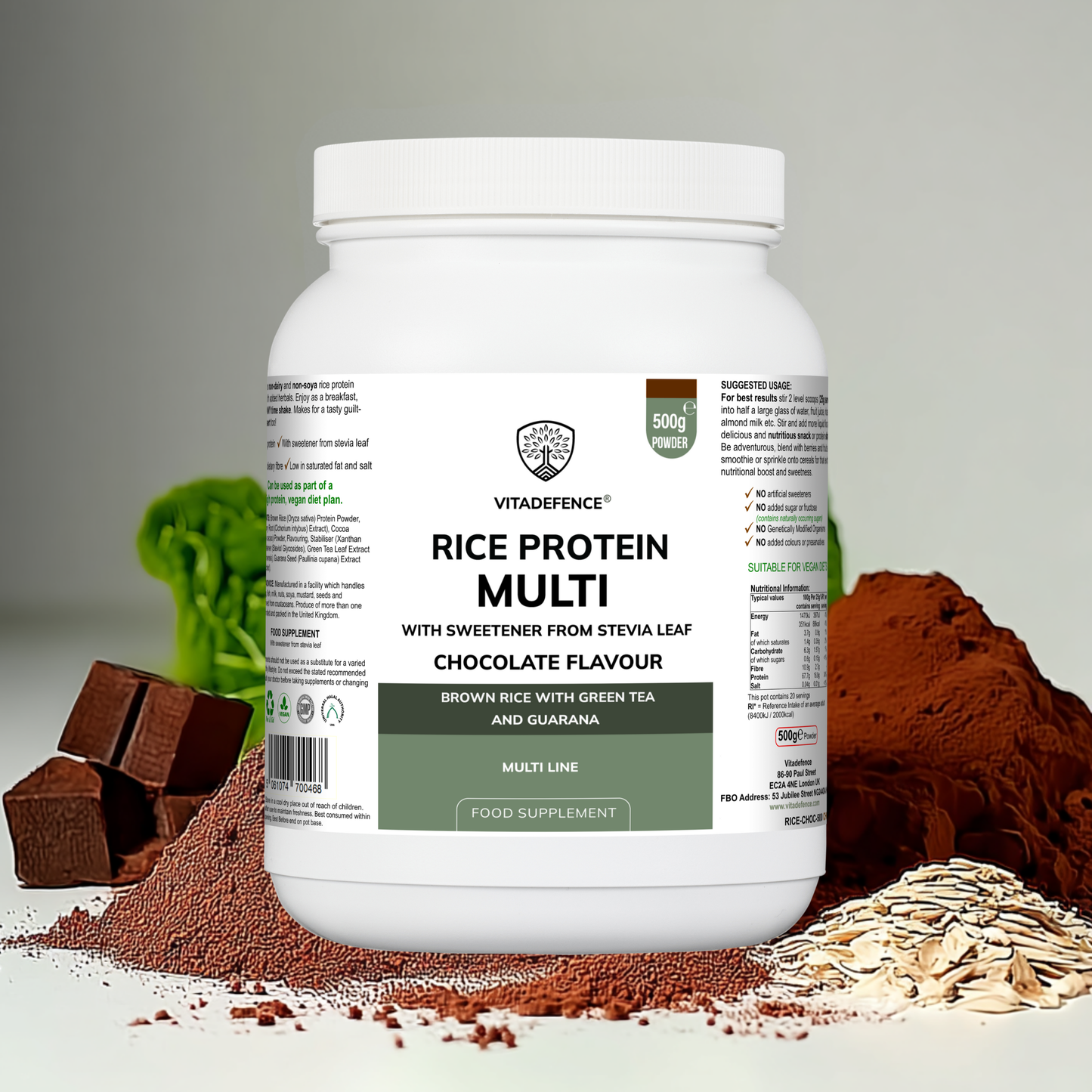 Vitadefence® Rice Protein Multi | Chocolate Flavour Powder with Green Tea & Guarana – 500 g