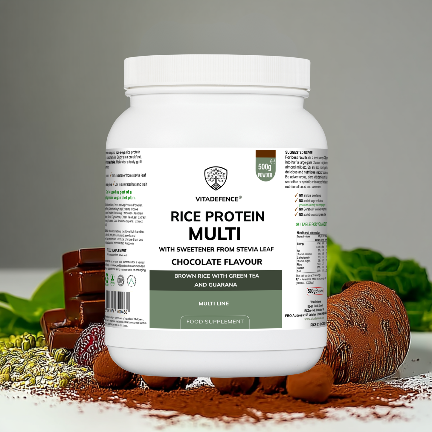 Vitadefence® Rice Protein Multi | Chocolate Flavour Powder with Green Tea & Guarana – 500 g