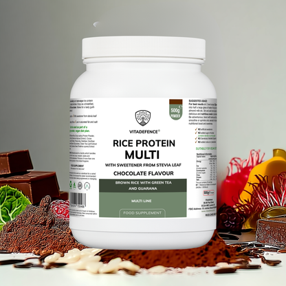 Vitadefence® Rice Protein Multi | Chocolate Flavour Powder with Green Tea & Guarana – 500 g
