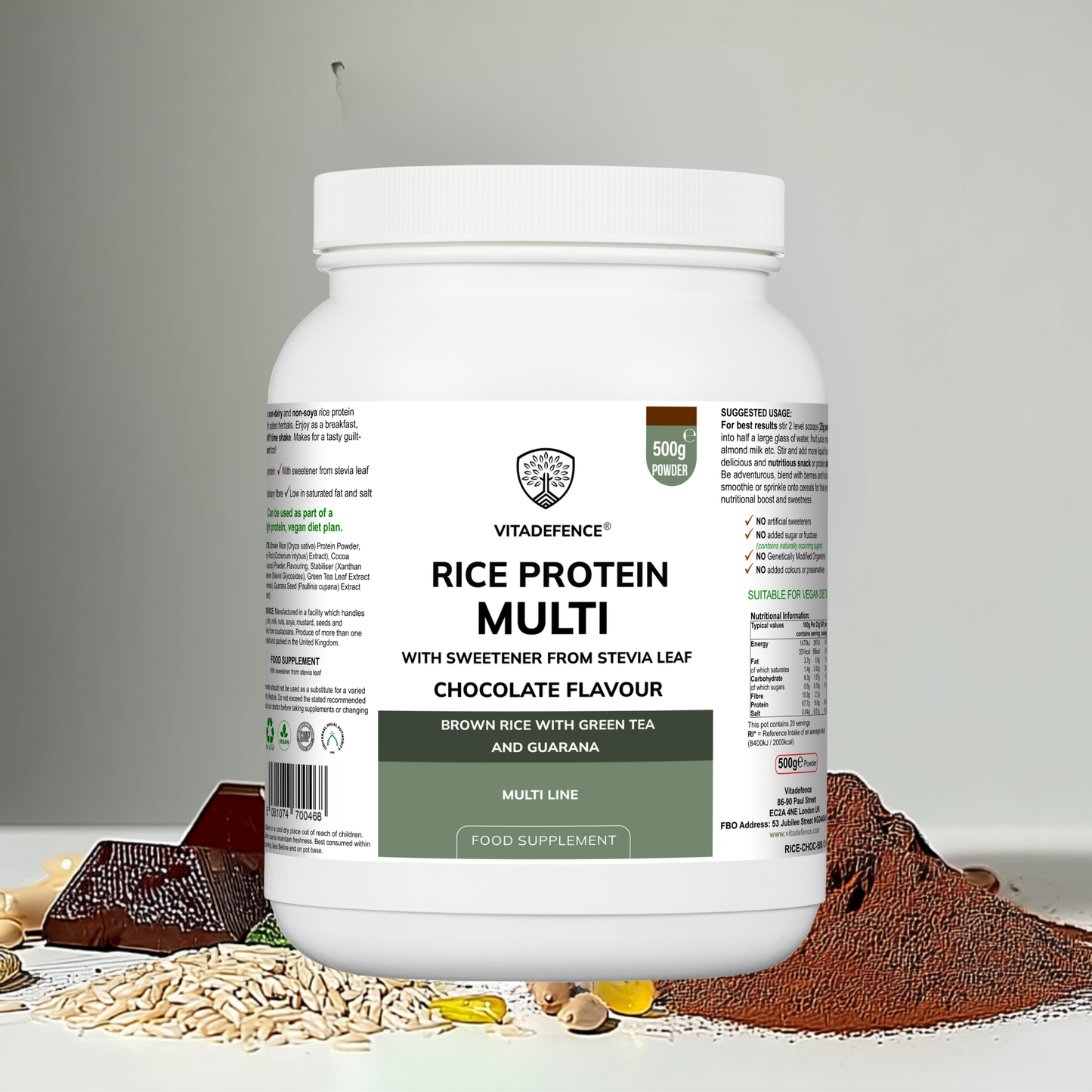 Vitadefence® Rice Protein Multi | Chocolate Flavour Powder with Green Tea & Guarana – 500 g