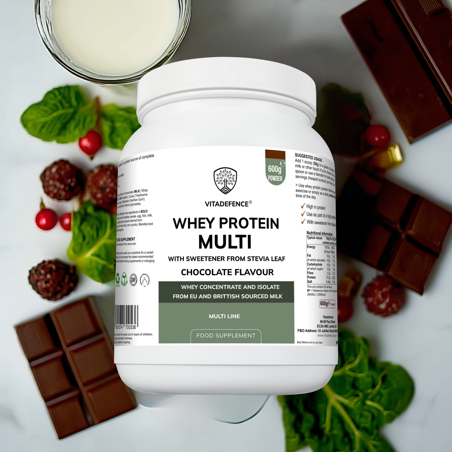Vitadefence® Whey Protein Multi | Chocolate Flavour Protein Powder with Stevia – 600 g