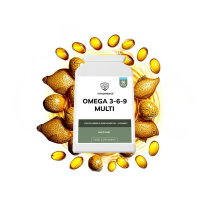 Vitadefence® Omega 3-6-9 Multi | With Fish Oil, Flaxseed, Sunflower Oil & Vitamin E – 60 Gelatin Capsules