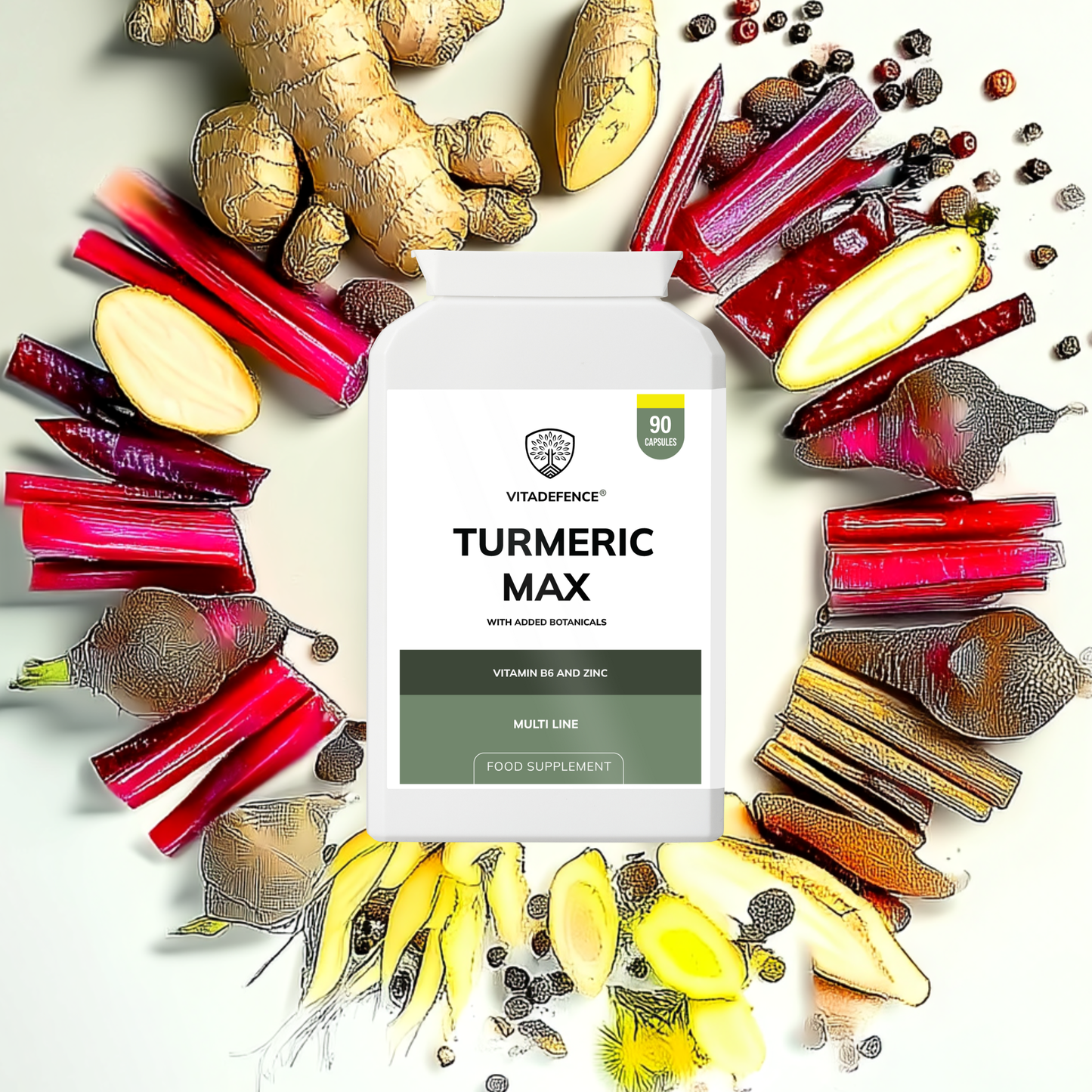 Vitadefence® Turmeric Max | With Vitamin B6, Zinc & Botanicals – 90 Capsules