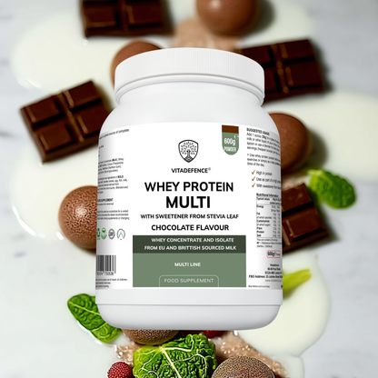 Vitadefence® Whey Protein Multi | Chocolate Flavour Protein Powder with Stevia – 600 g
