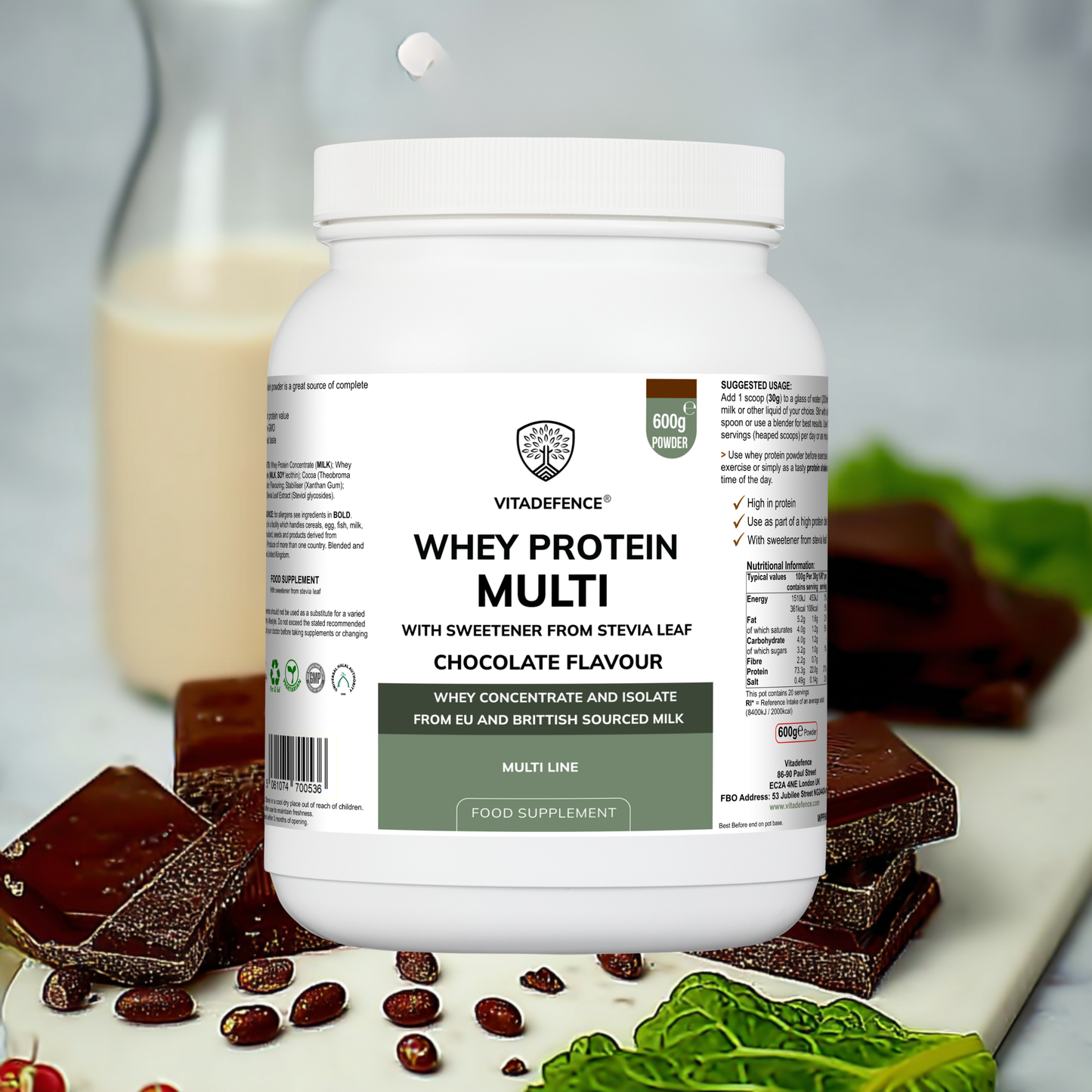 Vitadefence® Whey Protein Multi | Chocolate Flavour Protein Powder with Stevia – 600 g