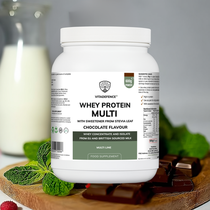 Vitadefence® Whey Protein Multi | Chocolate Flavour Protein Powder with Stevia – 600 g