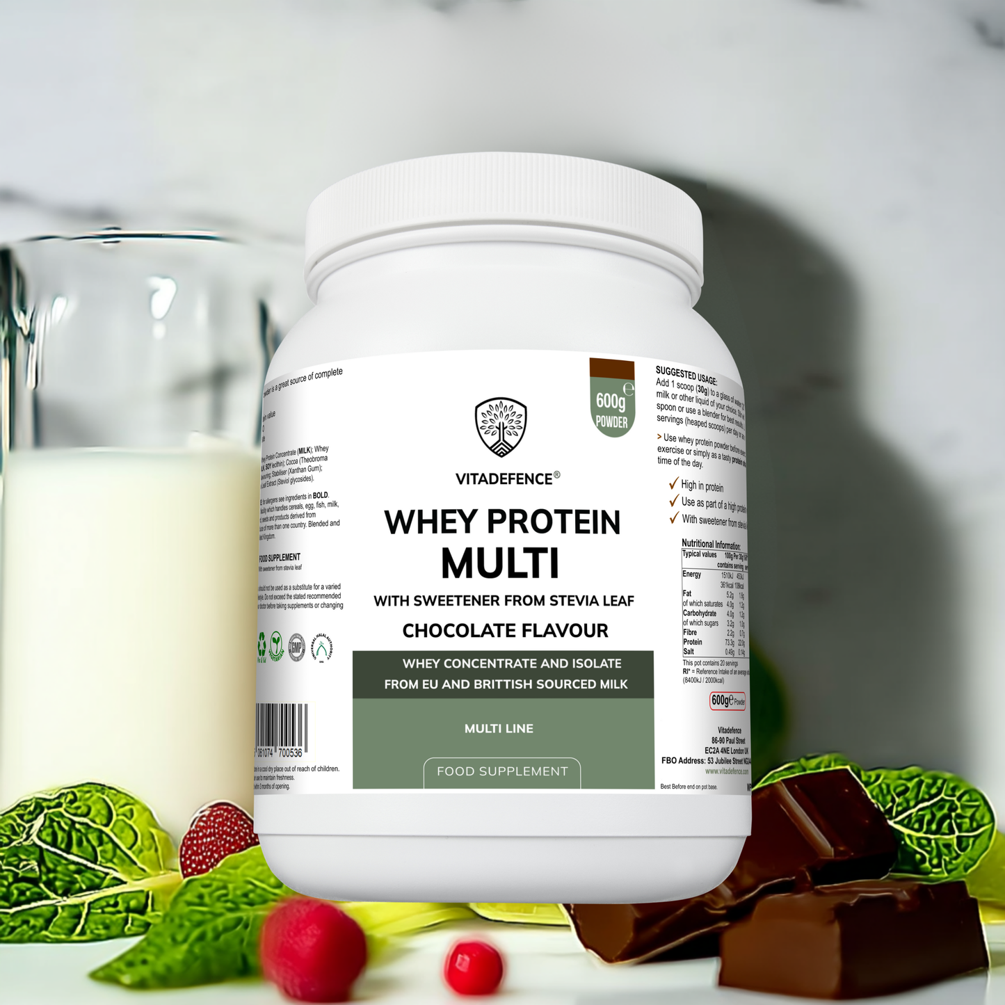 Vitadefence® Whey Protein Multi | Chocolate Flavour Protein Powder with Stevia – 600 g