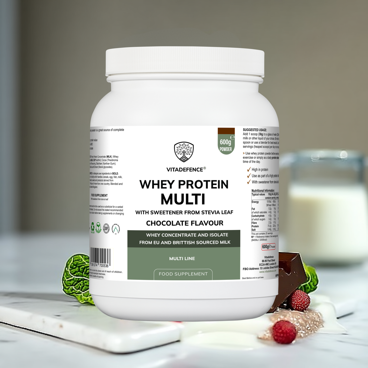 Vitadefence® Whey Protein Multi | Chocolate Flavour Protein Powder with Stevia – 600 g