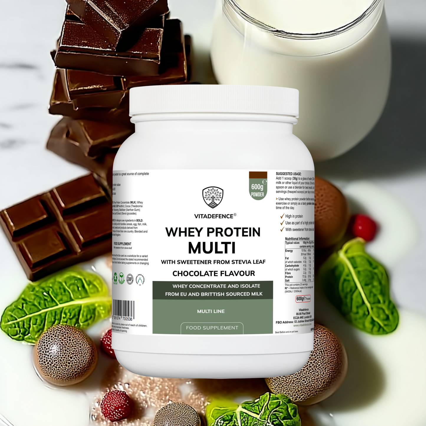 Vitadefence® Whey Protein Multi | Chocolate Flavour Protein Powder with Stevia – 600 g