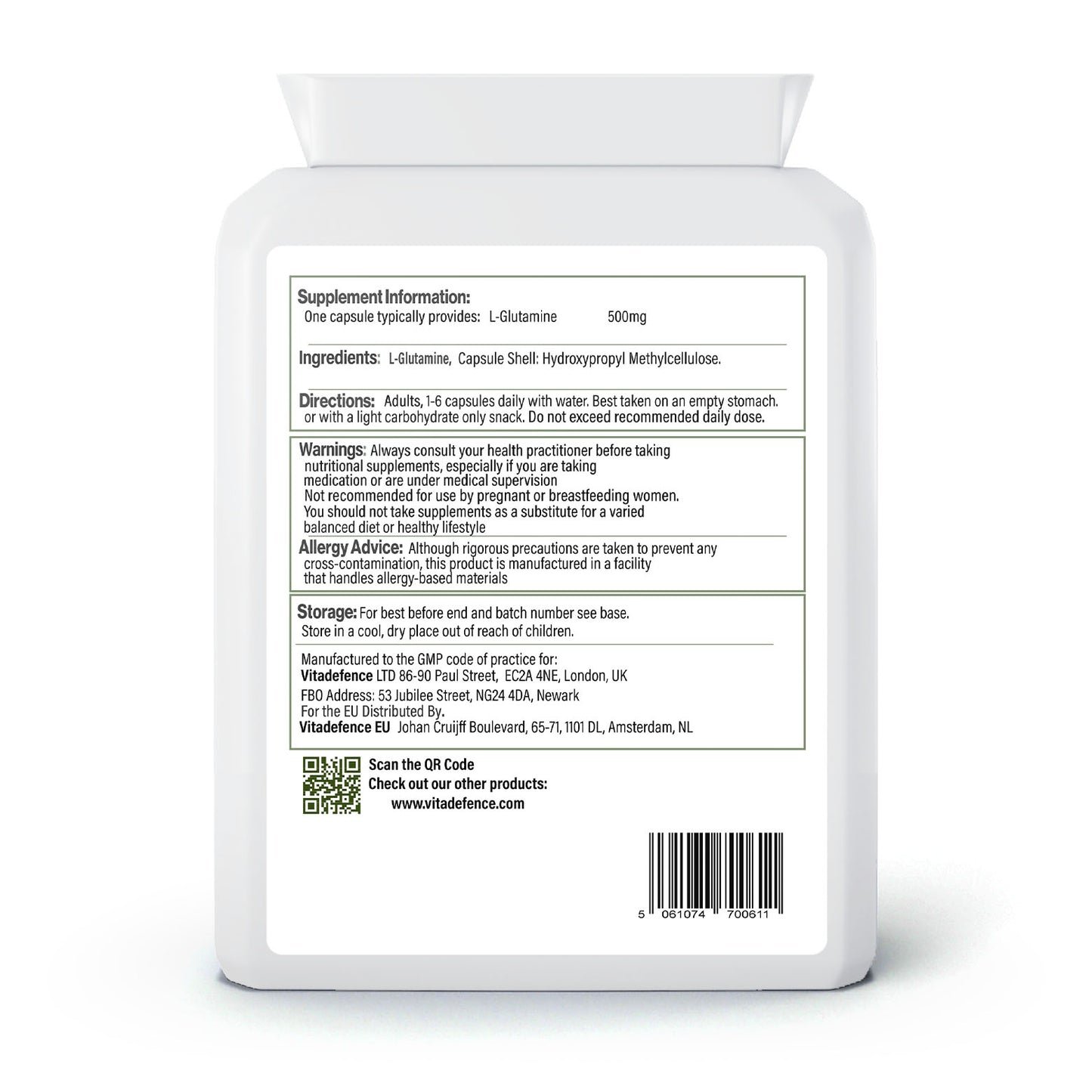 Vitadefence® L-Glutamine | Pure Amino Acid 500mg – 90 Capsules