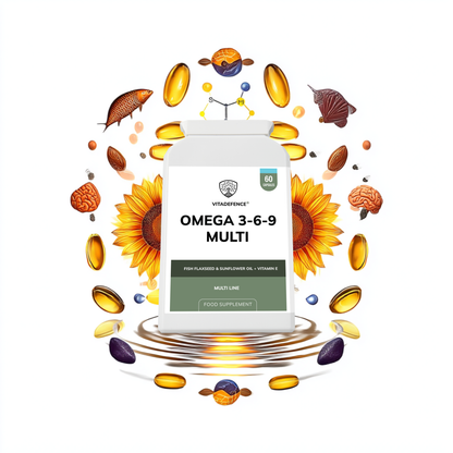 Vitadefence® Omega 3-6-9 Multi | With Fish Oil, Flaxseed, Sunflower Oil & Vitamin E – 60 Gelatin Capsules