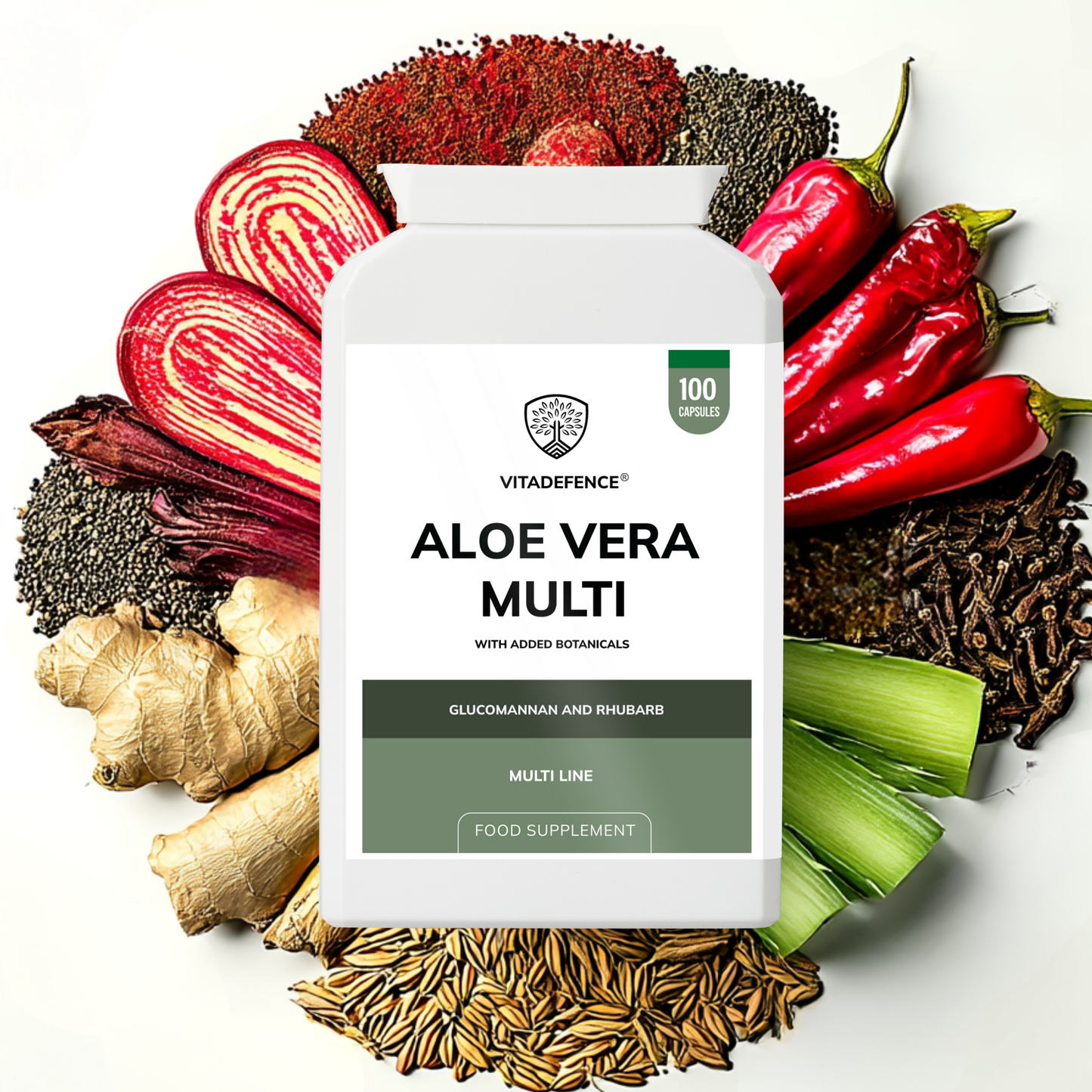 Vitadefence® Aloe Vera Multi | With Rhubarb, Fennel, Ginger & Botanicals – 100 Vegan Capsules
