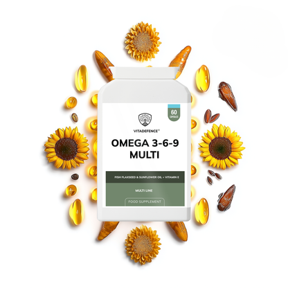 Vitadefence® Omega 3-6-9 Multi | With Fish Oil, Flaxseed, Sunflower Oil & Vitamin E – 60 Gelatin Capsules