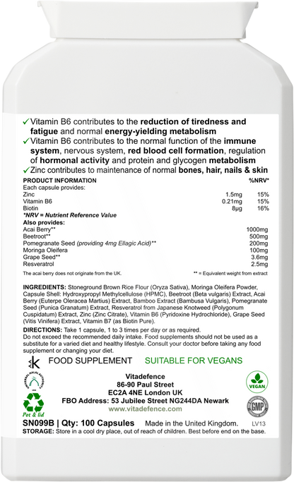 Vitadefence® Acai Berry Multi | With Vitamin B6, Zinc, Biotin & Botanicals – 100 Capsules