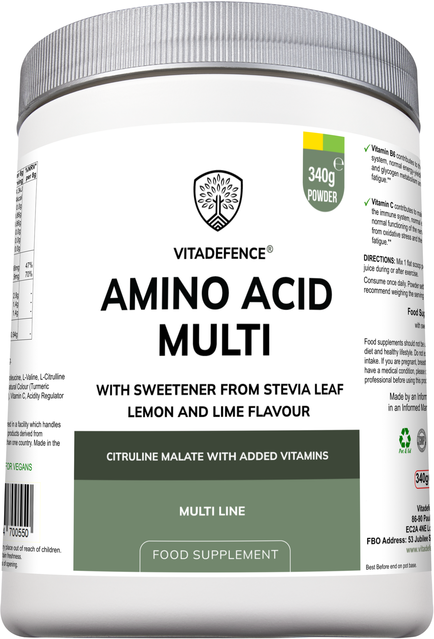Vitadefence® Amino Acid Multi | Lemon & Lime Flavour with Citrulline Malate, BCAAs & Vitamins – 300 g