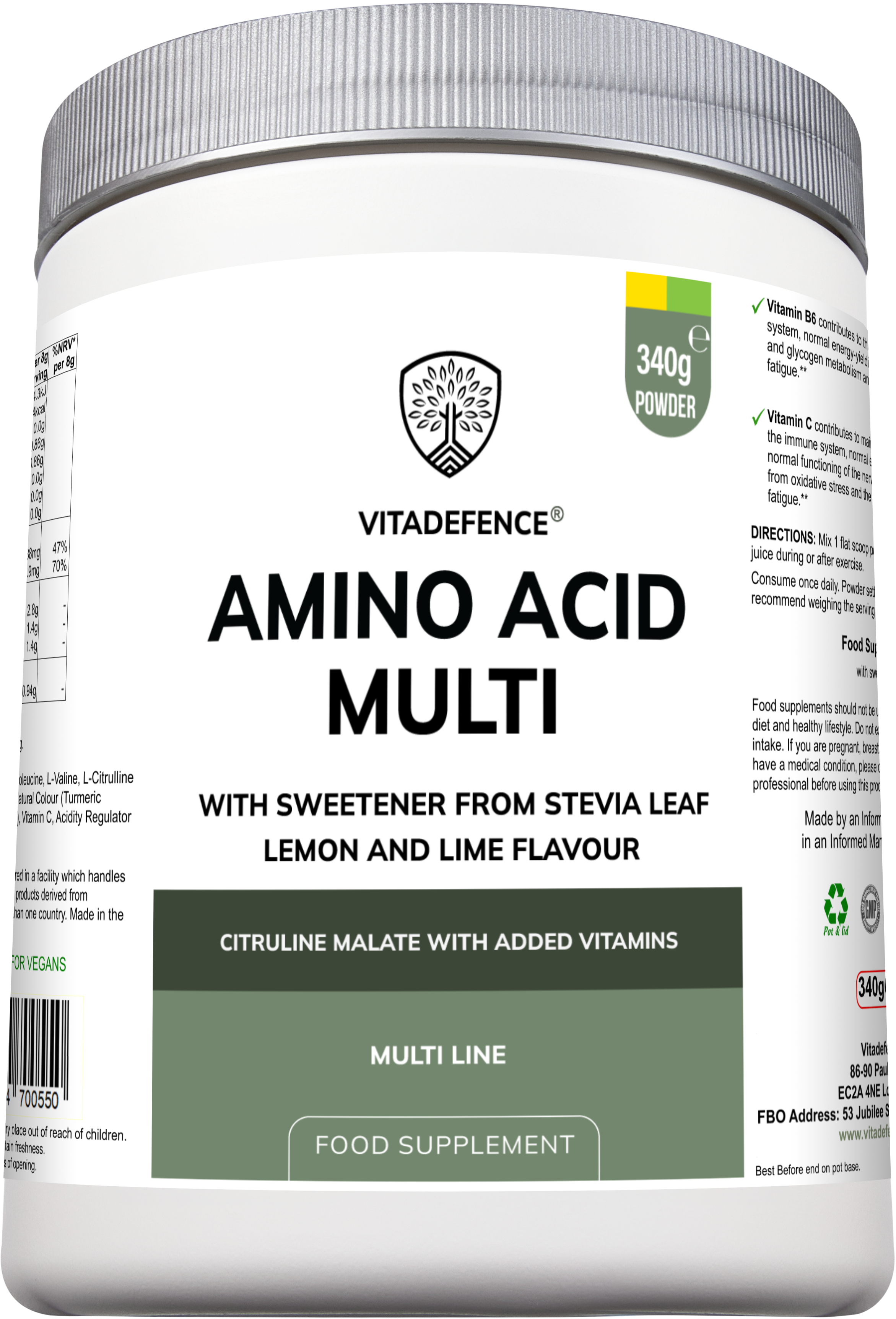 Amino Acid Multi with sweetener from stevia leaf lemon & lime flavour  citrulline malate with added vitamins Vitadefence®