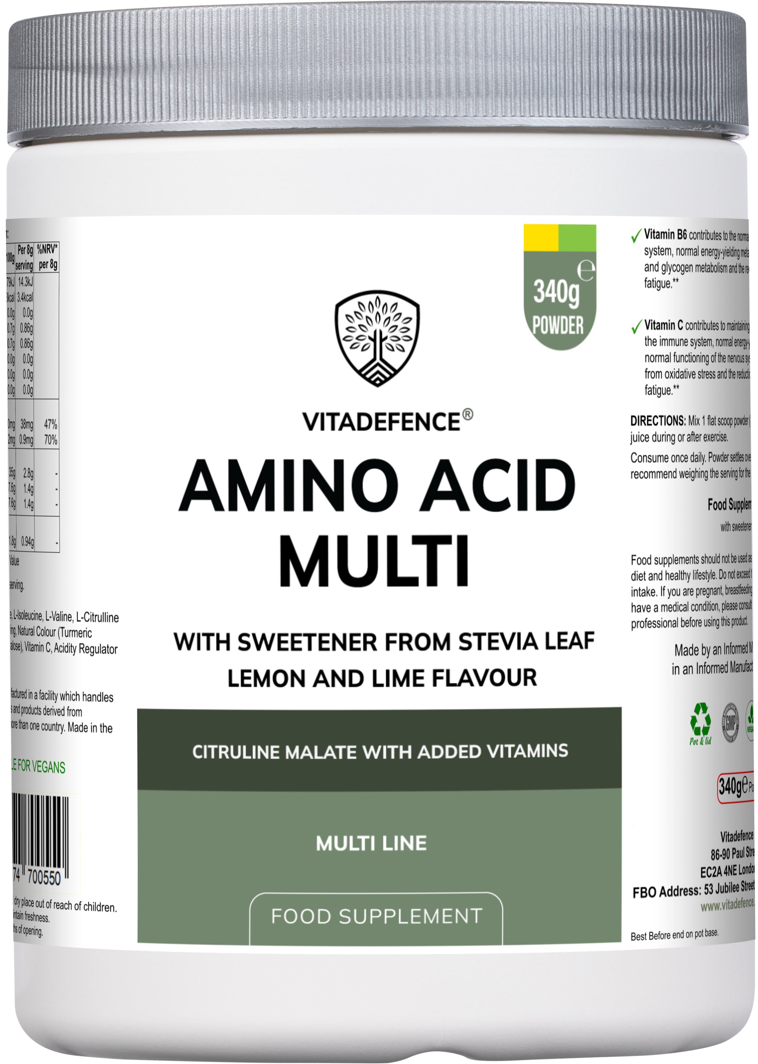 Amino Acid Multi with sweetener from stevia leaf lemon & lime flavour  citrulline malate with added vitamins Vitadefence®