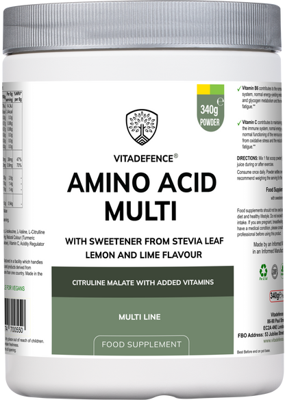 Vitadefence® Amino Acid Multi | Lemon & Lime Flavour with Citrulline Malate, BCAAs & Vitamins – 300 g