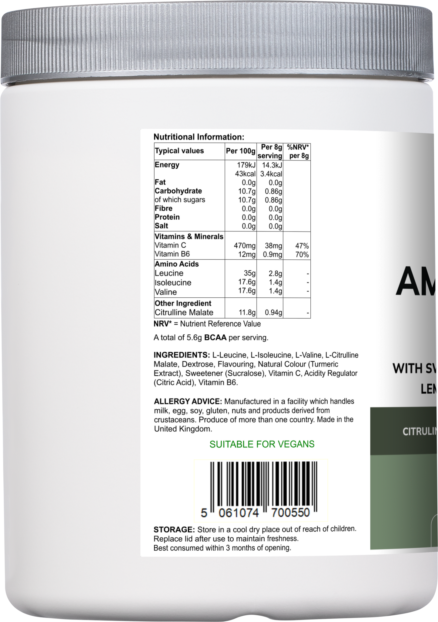 Vitadefence® Amino Acid Multi | Lemon & Lime Flavour with Citrulline Malate, BCAAs & Vitamins – 300 g