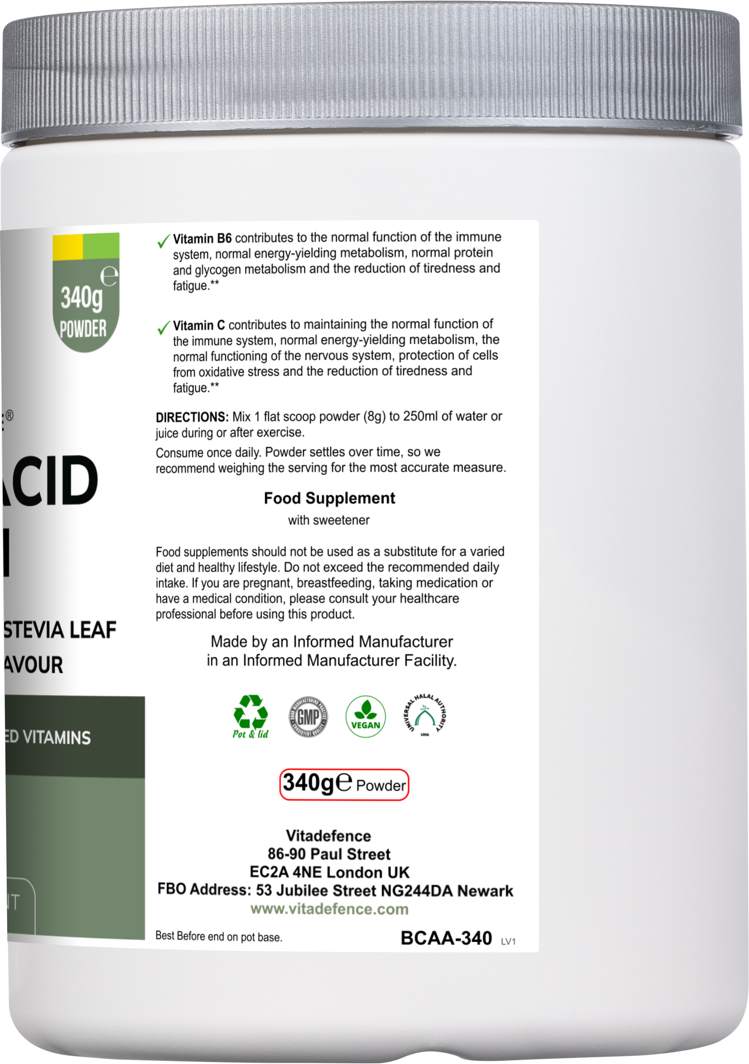 Amino Acid Multi with sweetener from stevia leaf lemon & lime flavour  citrulline malate with added vitamins Vitadefence®