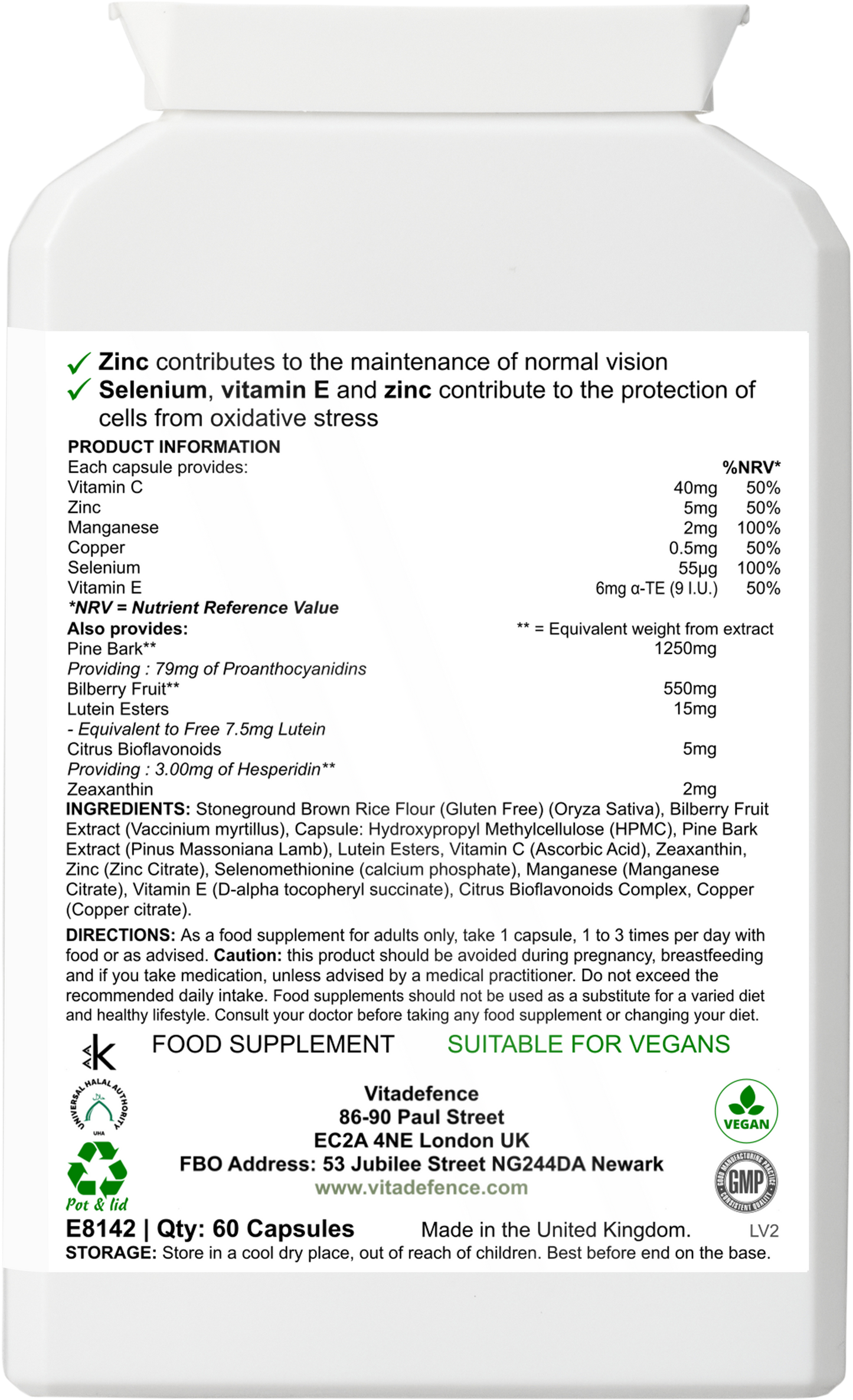 Vitadefence® Bilberry Multi | With Pine Bark, Lutein, Zinc, Selenium & Vitamins – 60 Capsules