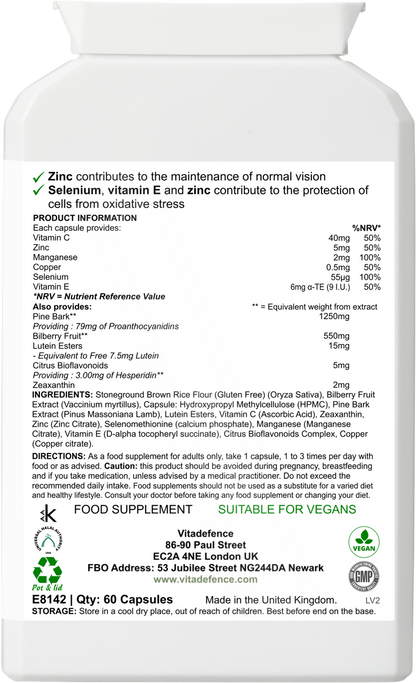 Vitadefence® Bilberry Multi | With Pine Bark, Lutein, Zinc, Selenium & Vitamins – 60 Capsules