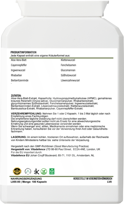 Aloe Vera Capsules | With Rhubarb, Fennel, Ginger & Botanicals – 100 Vegan Capsules -  Vitadefence® - Vitadefence®
