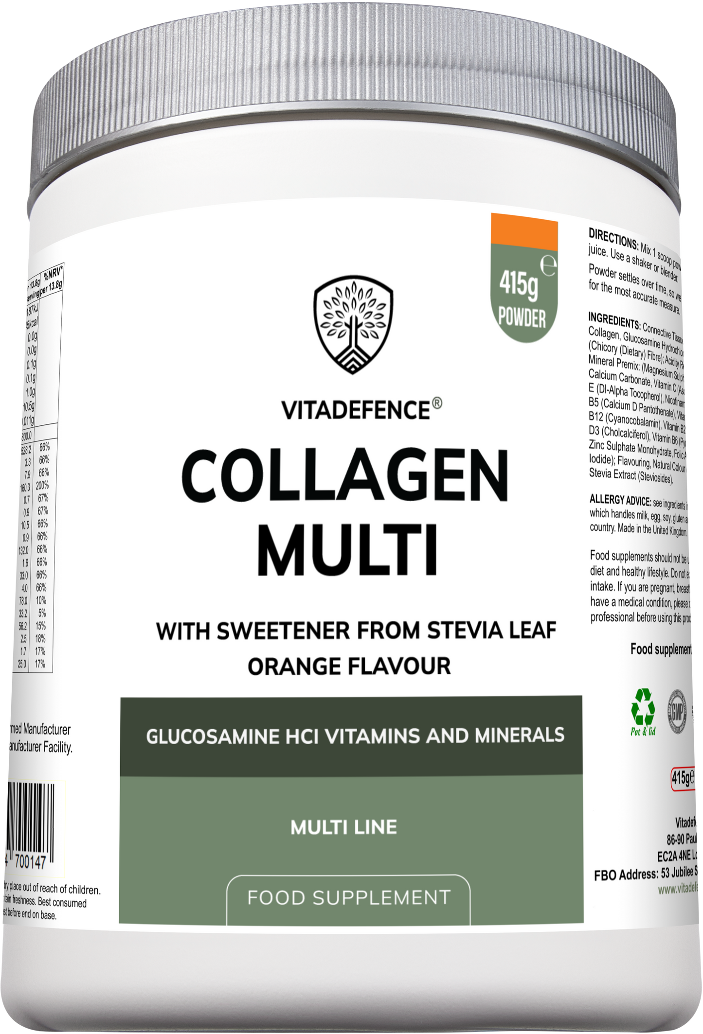 Vitadefence® Collagen Multi | Orange Flavour Powder with Glucosamine, Vitamins & Minerals – 415 g