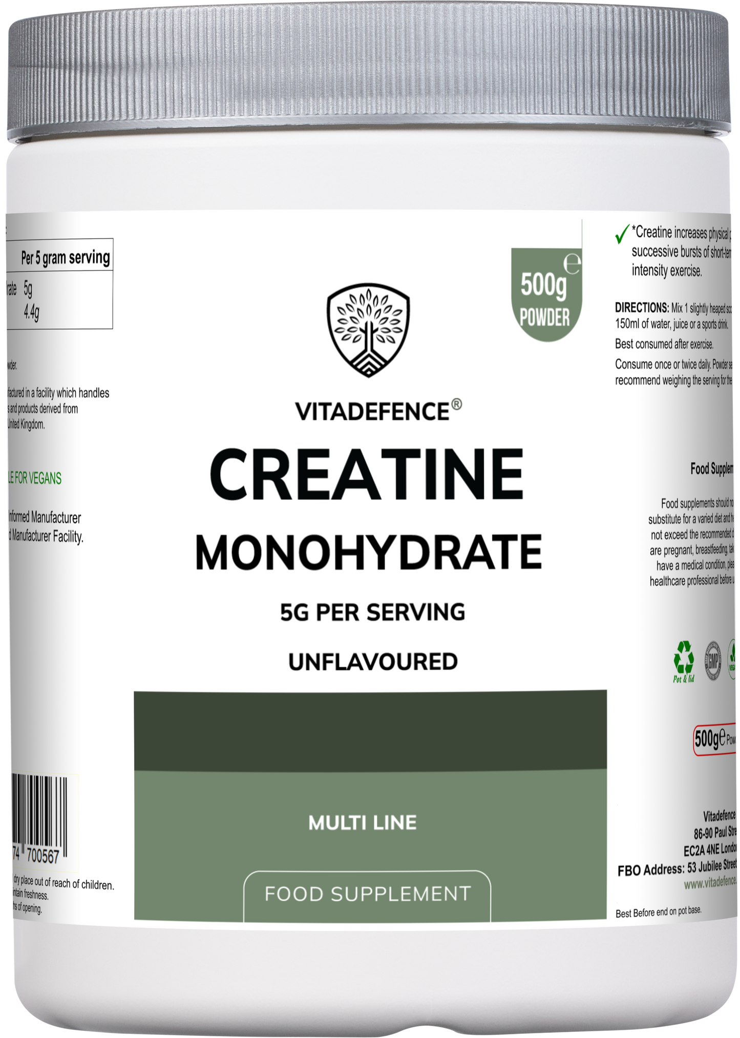 Vitadefence® Creatine Monohydrate | Pure Unflavoured Creatine Powder – 500 g