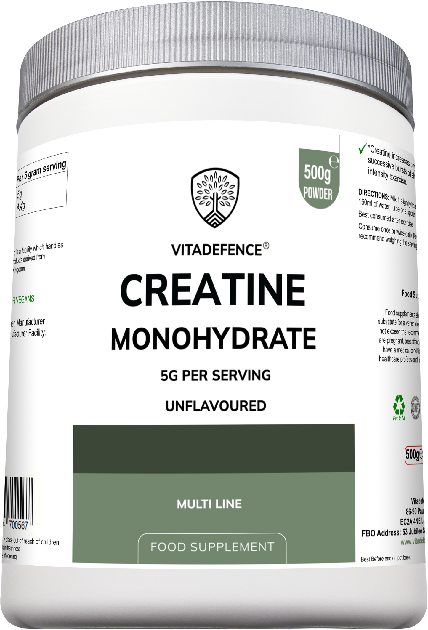 Vitadefence® Creatine Monohydrate | Pure Unflavoured Creatine Powder – 500 g