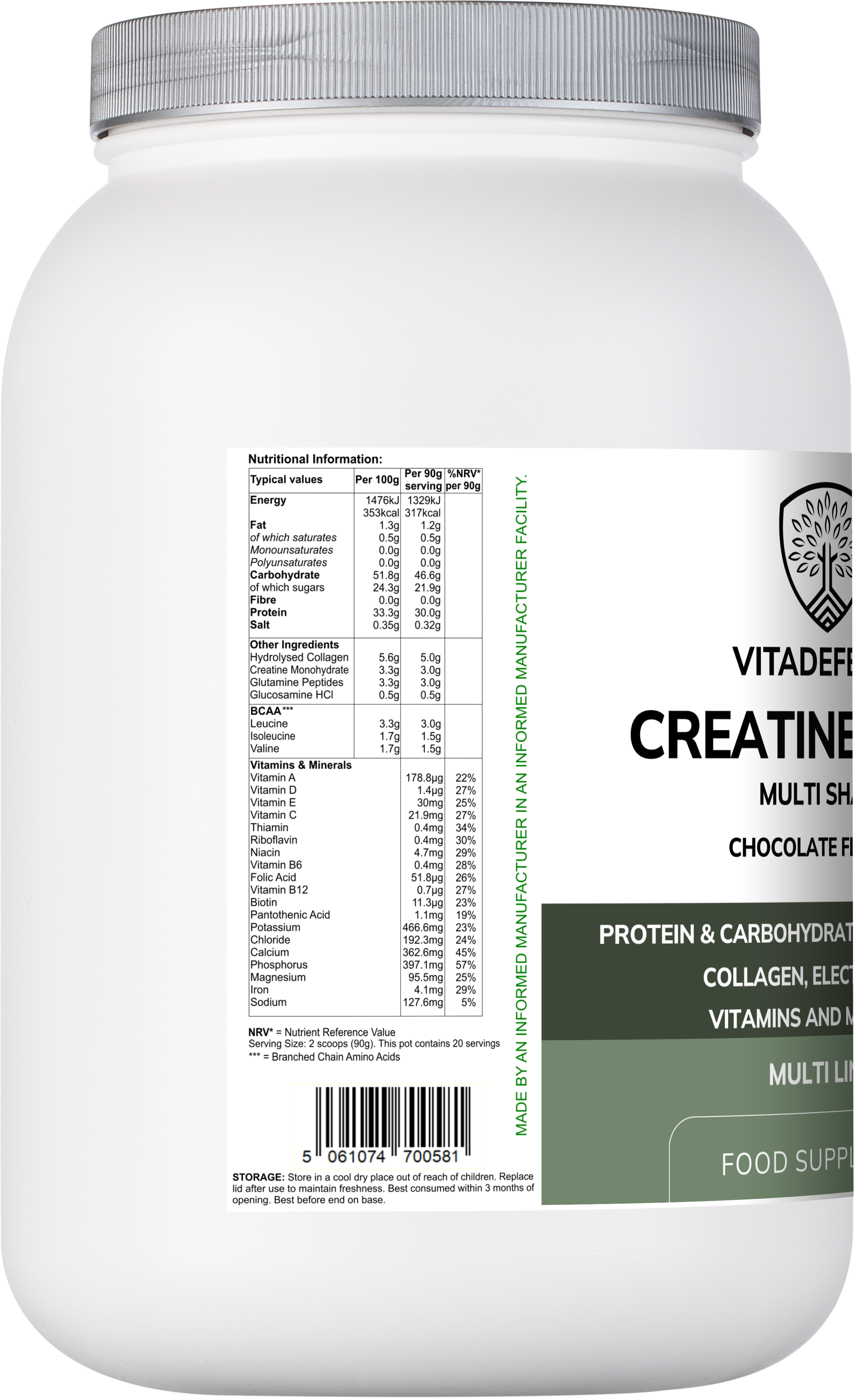 Creatine Multi – Chocolate Flavour | Protein & Carbohydrate Blend with BCAA, Collagen, Electrolytes, Vitamins & Minerals – 1800g Powder