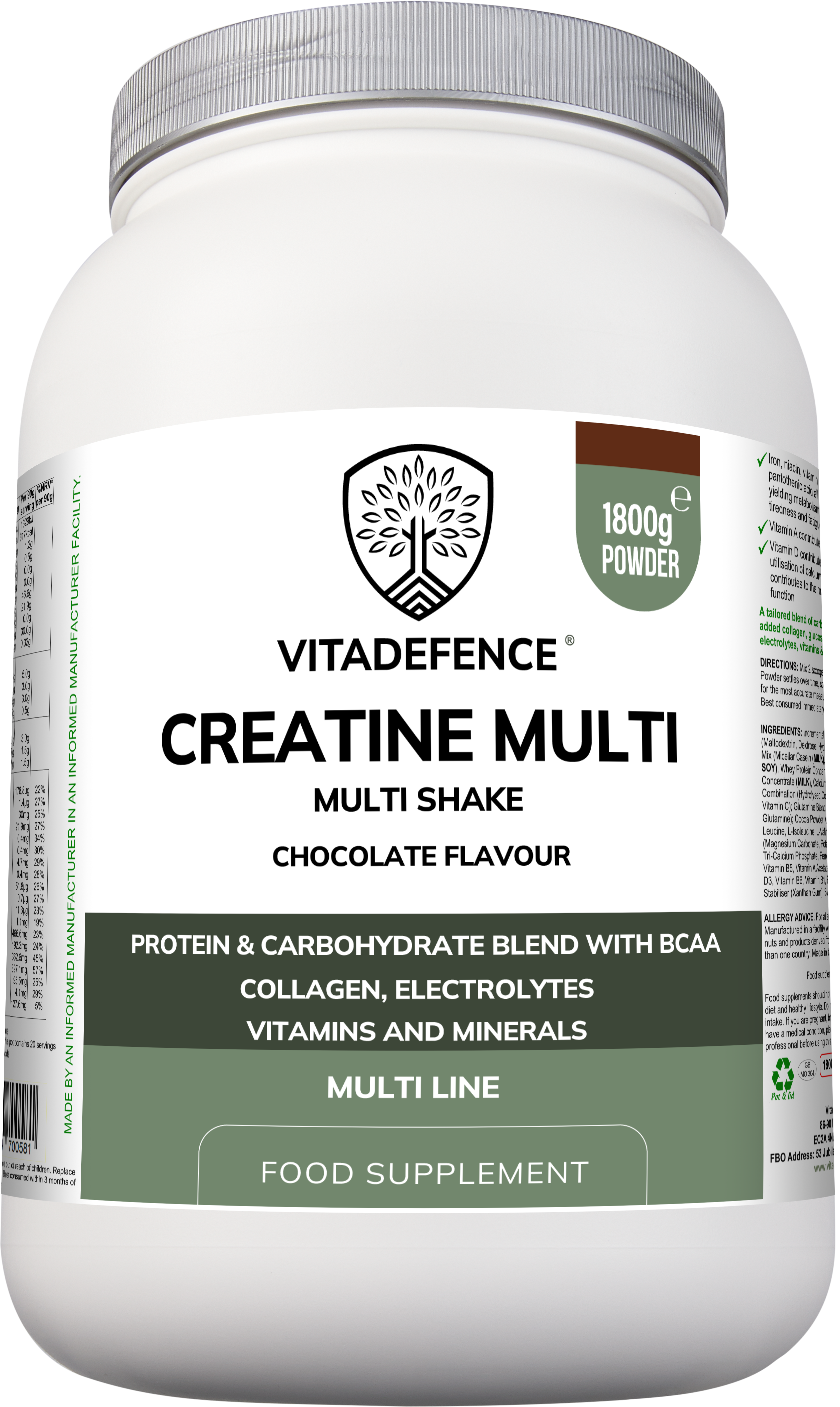 Creatine Multi – Chocolate Flavour | Protein & Carbohydrate Blend with BCAA, Collagen, Electrolytes, Vitamins & Minerals – 1800g Powder