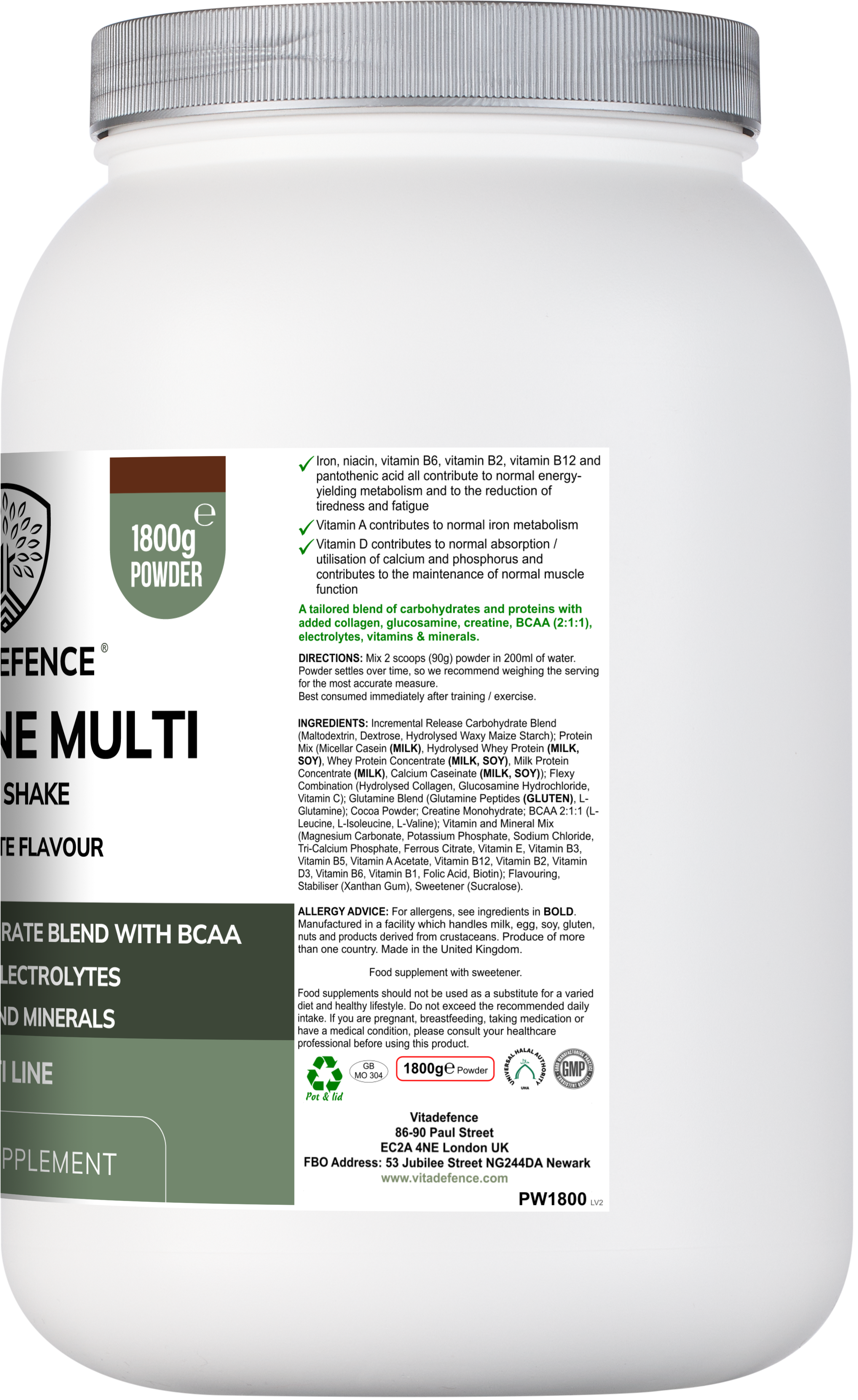 Creatine Multi – Chocolate Flavour | Protein & Carbohydrate Blend with BCAA, Collagen, Electrolytes, Vitamins & Minerals – 1800g Powder