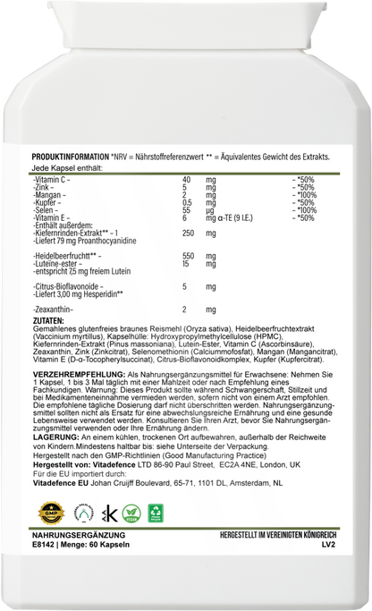 Bilberry Multi | With Pine Bark, Lutein, Zinc, Selenium & Vitamins – 60 Capsules -  Vitadefence® - Vitadefence®
